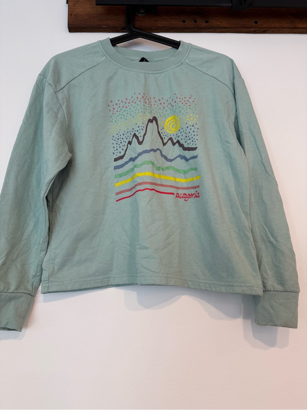 Girls Patagonia Sage Green Long-Sleeve Tee with Rainbow Mountain Graphic